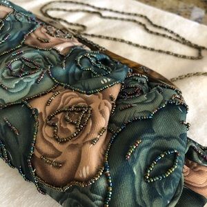 Darling Bead Embellished Fabric Handbag —  Emerald